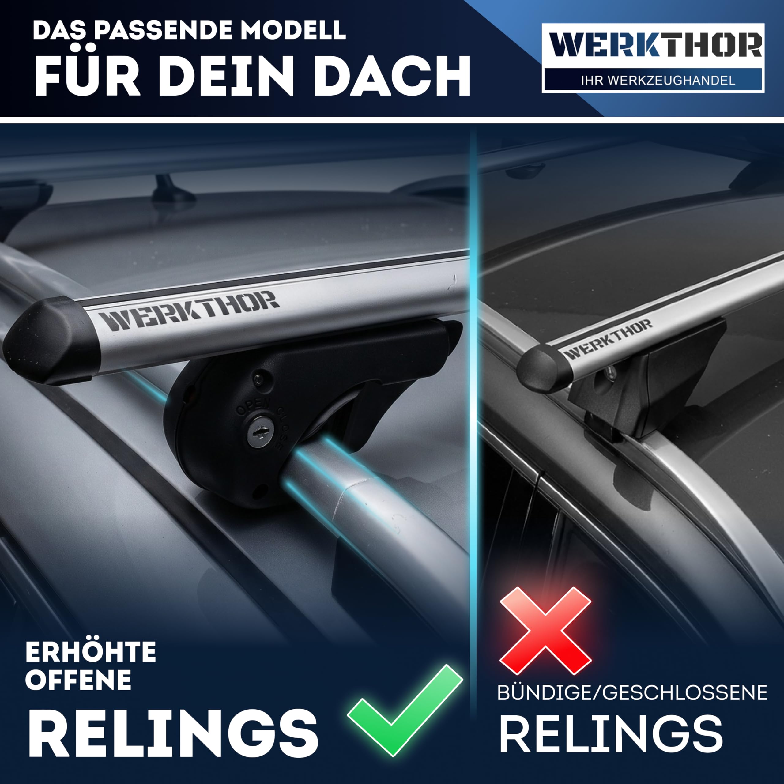 WERKTHOR Alu Dachträger 120cm für Offene Reling – Aerodynamischer Relingträger Vormontiert & Abschließbar – Auto Dachträger 90kg – Universal für Dachbox & Fahrrad