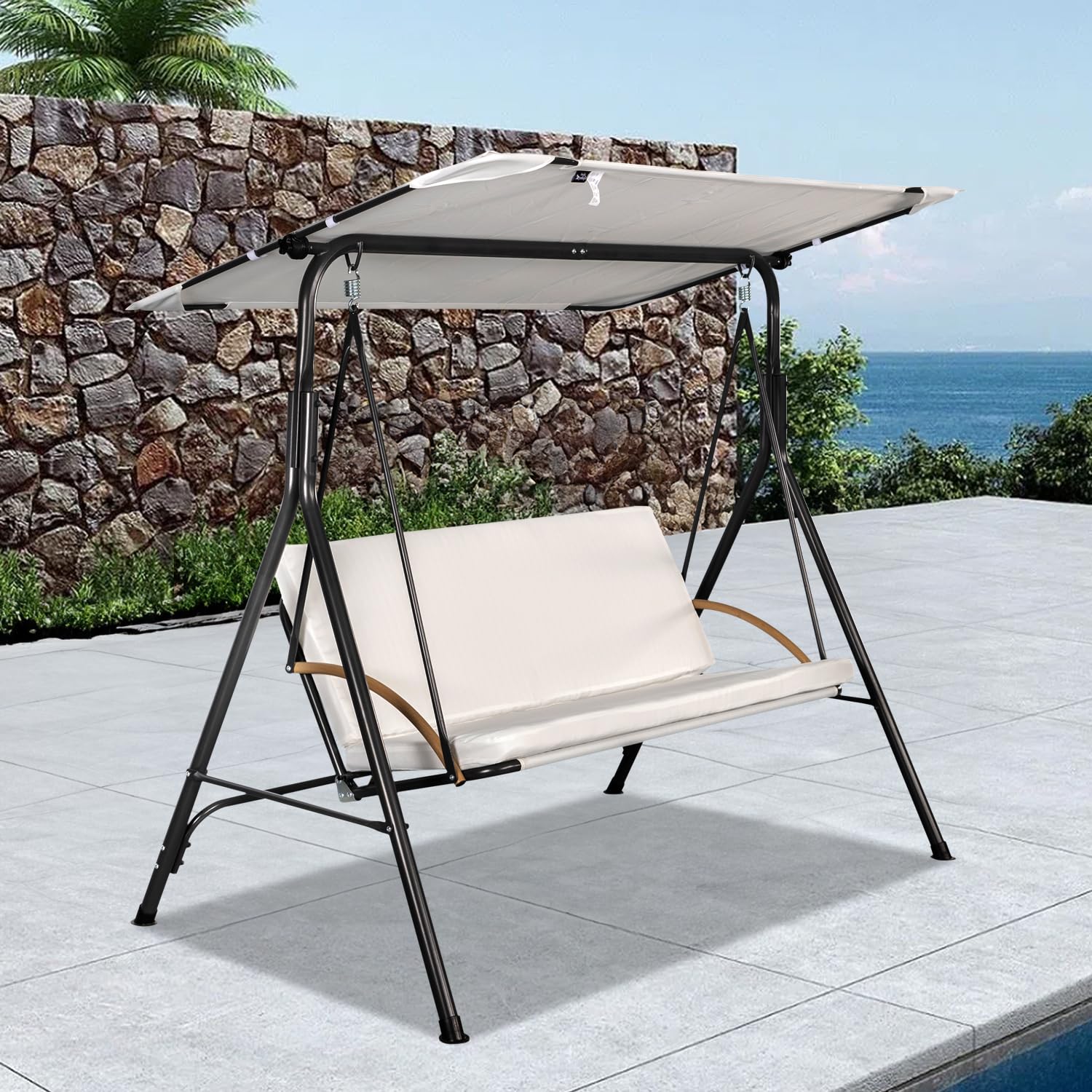 Angel Living Balancelle de Jardin 3 Places avec Auvent, Coussin Épais et Structure en Acier, Tissu Oxford, pour Terrasse, Patio, 170x110x152cm, Blance