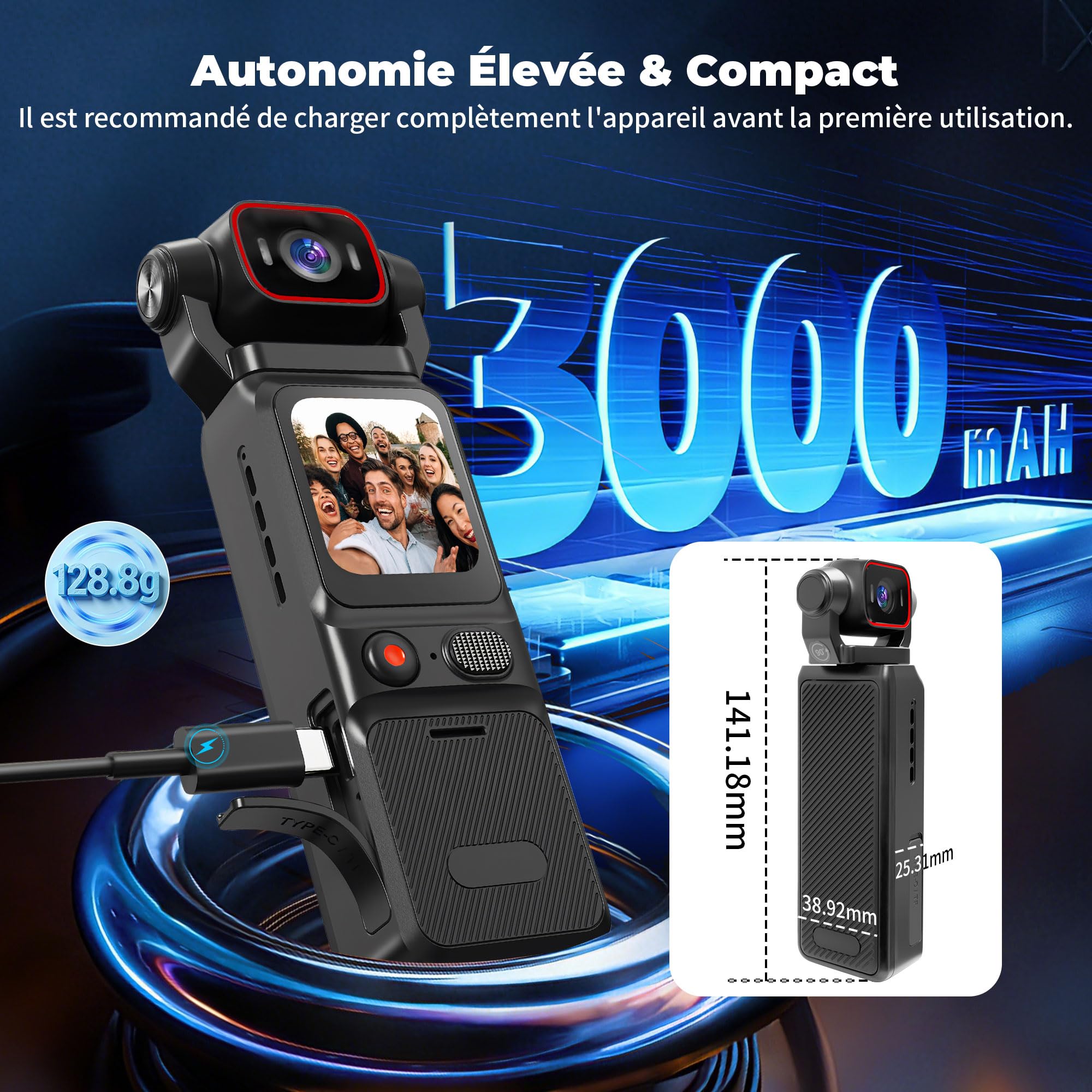 4K Camera Vlog, Portable Caméra POV, Caméra de Corps, Body Cam pour Sport, WiFi Mini Camera Sport avec Stabilisation, Caméras Corporelles pour Voyage, Carte TF 64GB