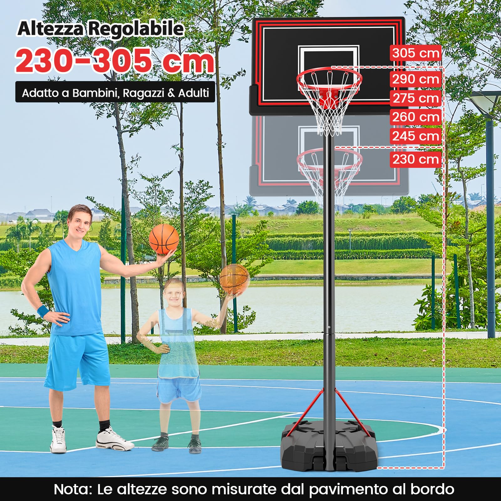COSTWAY Canestro da Basket da Esterno Regolabile in Altezza 230-305 cm con Tabellone Resistenza agli Urti da 110 cm, Ruote e Base Riempibile, Canestro da Basket Portatile per Adulti e Ragazzi