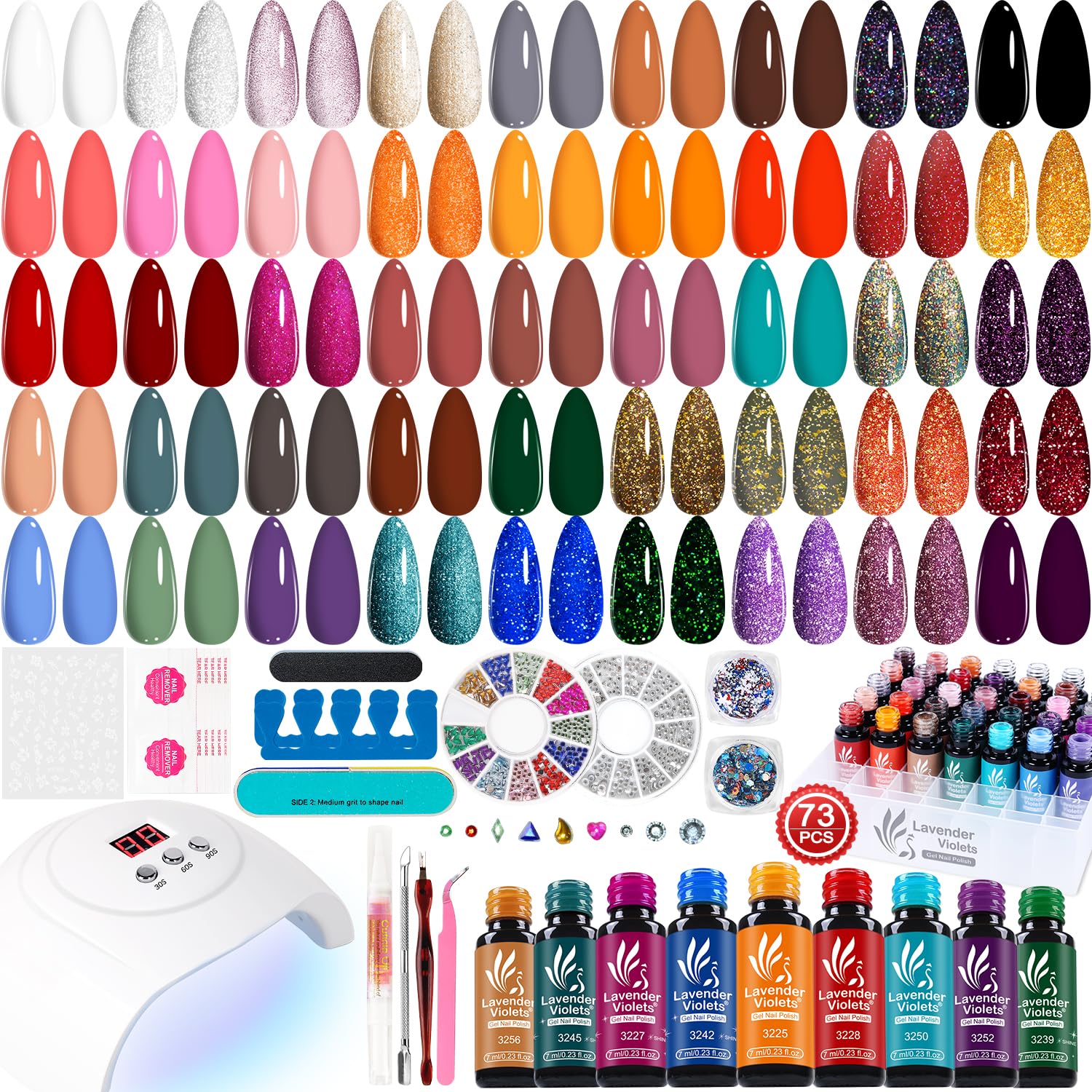 Lavender Violets 73 Pcs Gel Nail Polish Set with lamp 45 Colors Full Set for Beginners Nail Primer,Base Coat,Matte&Top Coat Manicure Remover Shellac Gel Polish Kit 54W LED Light Varnish LA06
