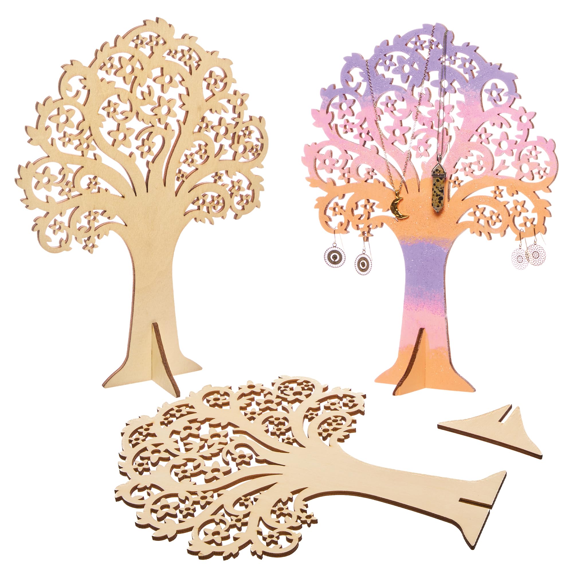 Baker Ross FX953 Wooden Filigree Jewellery Holders - Pack of 3, Wooden Craft Kits for Kids to Paint