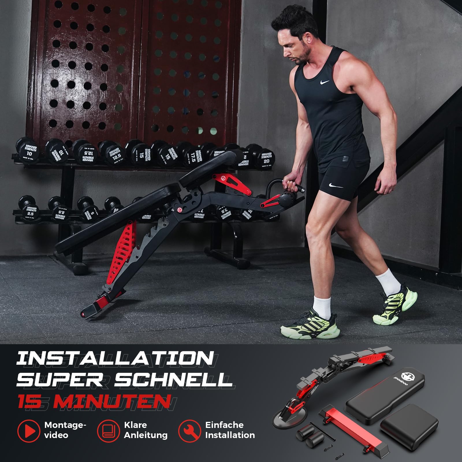 Pooboo Hantelbank, verstellbare Trainingsbank für zu Hause, 1500 lbs Tragkraft, strapazierfähige Krafttrainingsbank, flache/geneigte/abfallende Positionen für ein Ganzkörpertraining