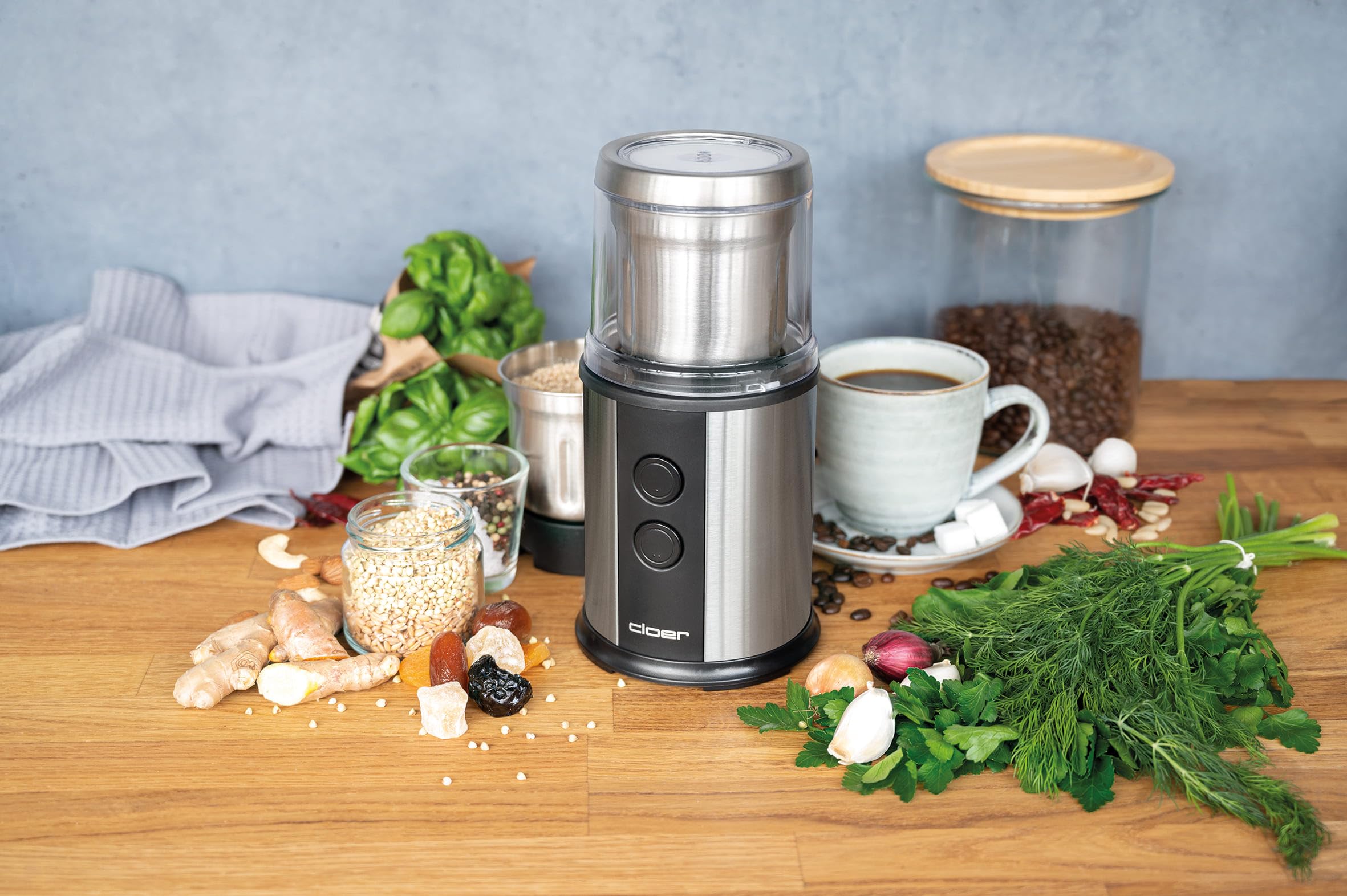 cloer 7419 Moulin à café et à épices électrique, 2 conteneurs Amovibles, pour Pesto, Herbes, Noix et Grain, jusqu'à 80 g de Grains de café, Couvercle Protecteur, 350 W