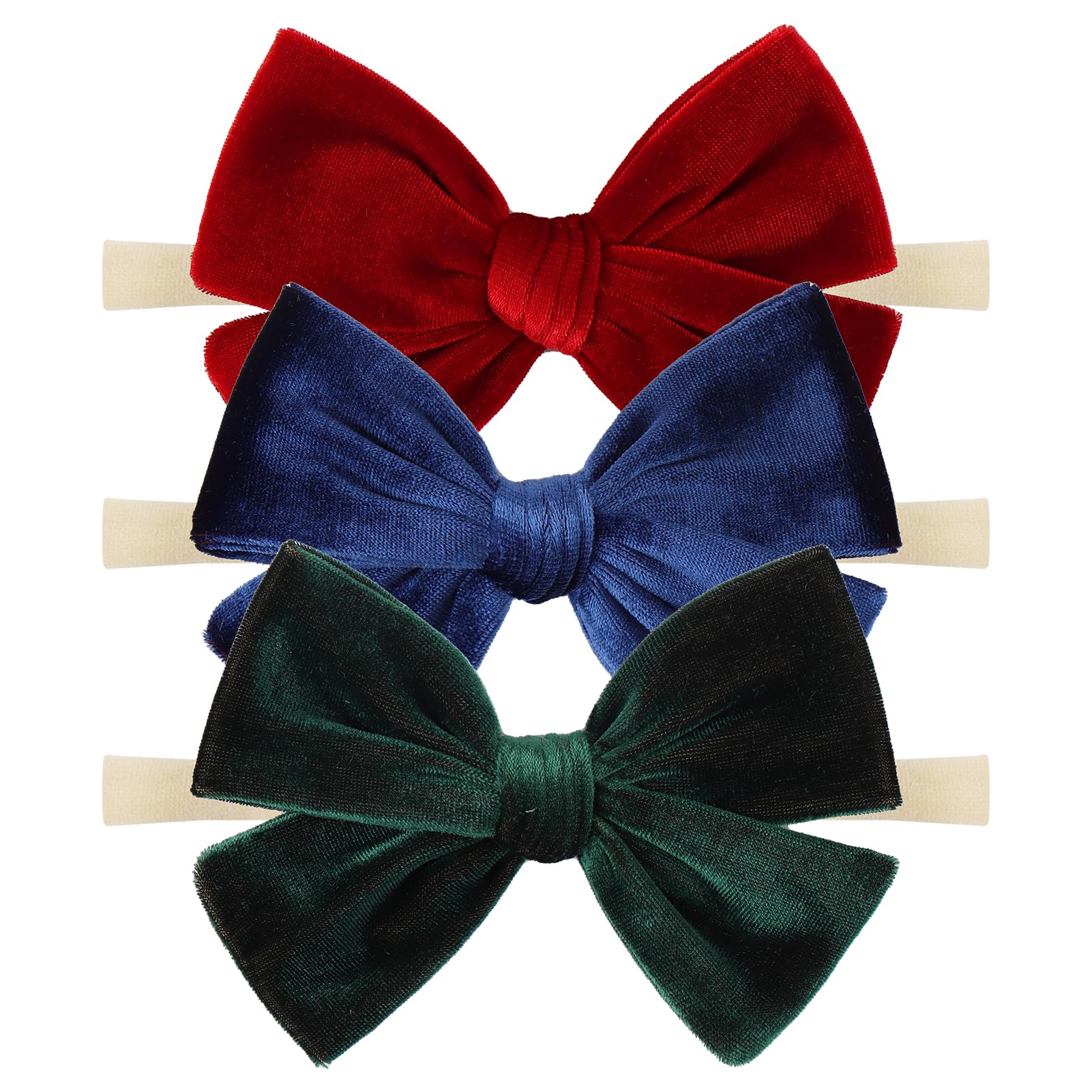 Baby Girls 4" Velvet Hairband Handmade Tied Bow Elastic Nylon Hair Accessories, 3 Pcs Red, Green, Dark Green