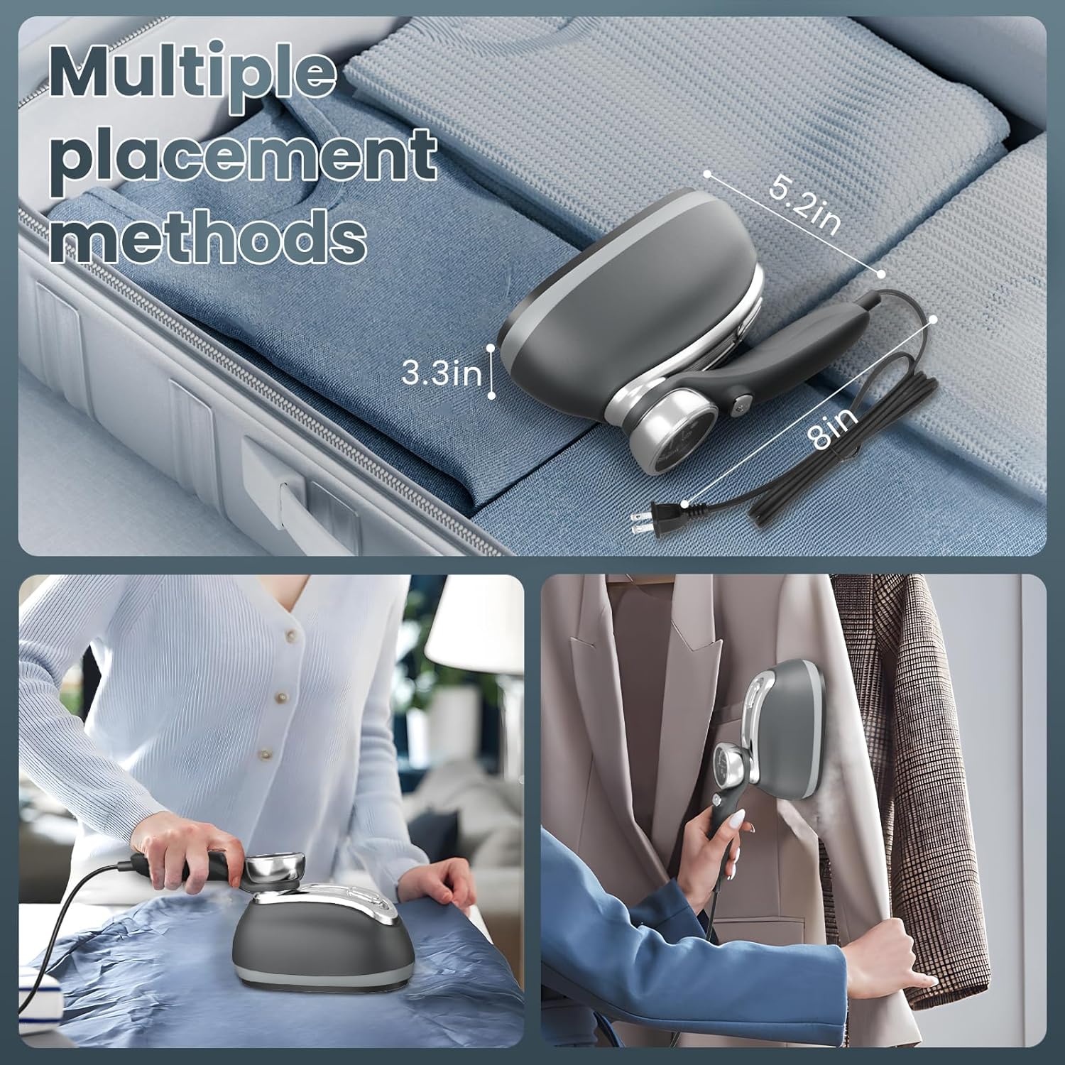 Killrose Steamer for Clothes, 2 in 1 Clothes Steamer Handheld, 1200W Steam Iron, 3 Level Thermometer Display Dashboard Travel Iron, 180° Rotatable Portable Handheld, Heat Up, Water Tank, 120V