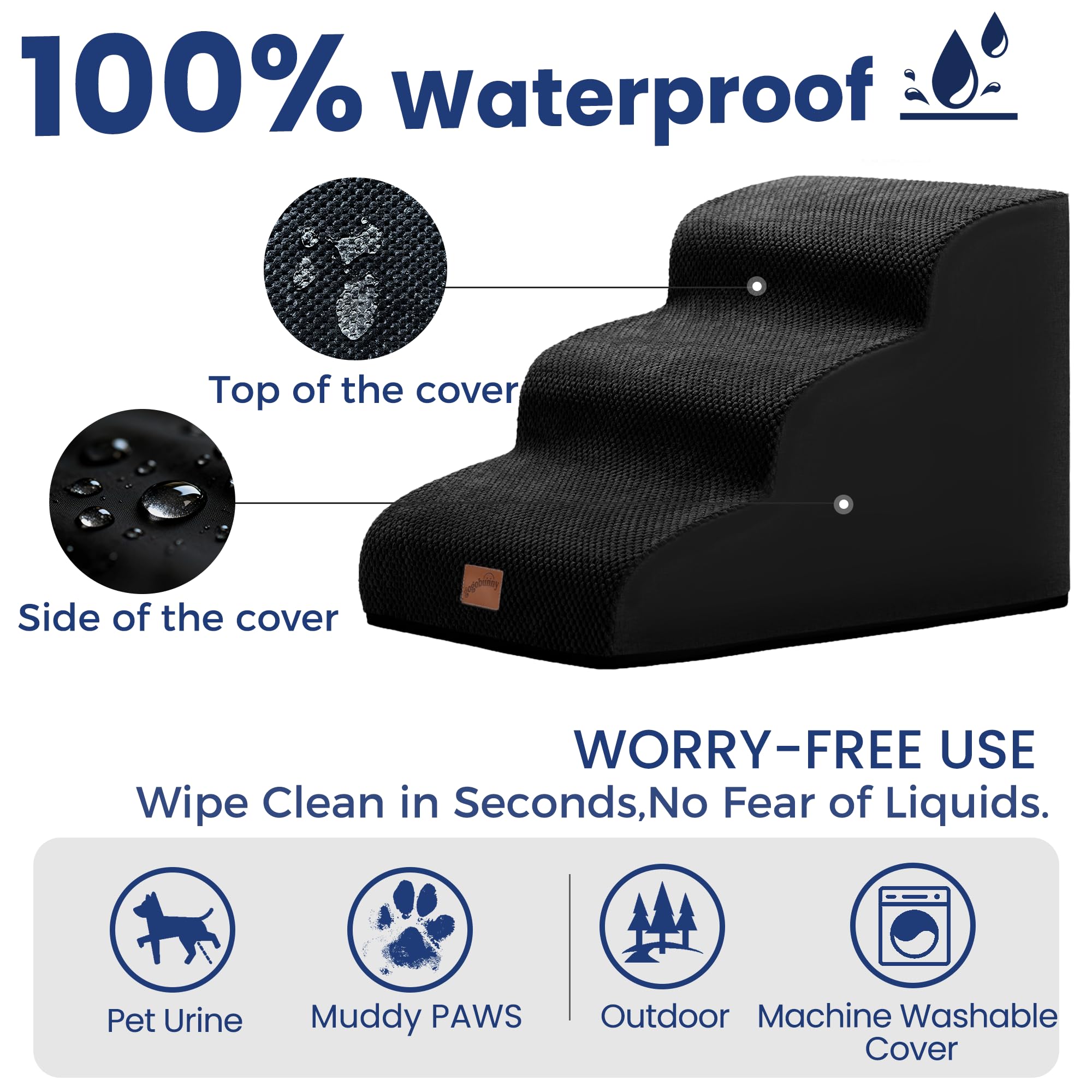 gogobunny Rampe Katze Hund Treppe für Betten, Katzentreppe mit strapazierfähigem, wasserdichtem Stoffbezug, Haustiertreppe für alte große Hunde Klettern (Schwarz, 3-stufig (56,9 cm D x 39,9 cm B x