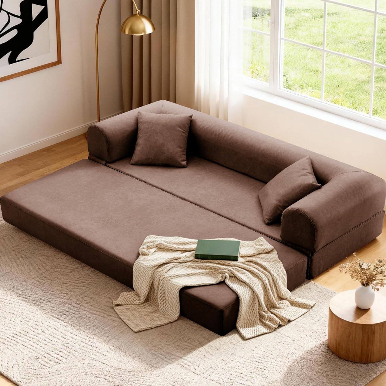 Folding Convertible Sofa Bed 78.5 Inch Faux Leather Futon Couch with Pillows and Storage Pocket Brown