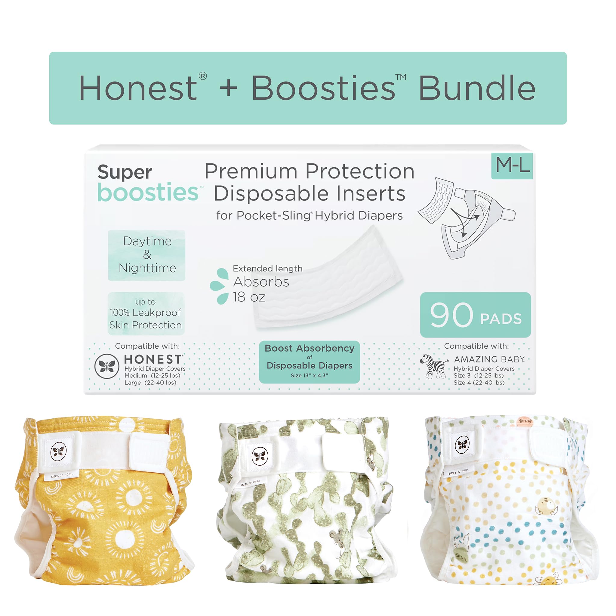 Super Boosties 90ct + Honest Hybrid Cloth Diaper Cover with Pocket-Sling, Large (22-40 lbs), Stops Nighttime Leaks, Boosties Disposable Diaper Inserts, Honest Cotton Muslin Covers, 3 Pack