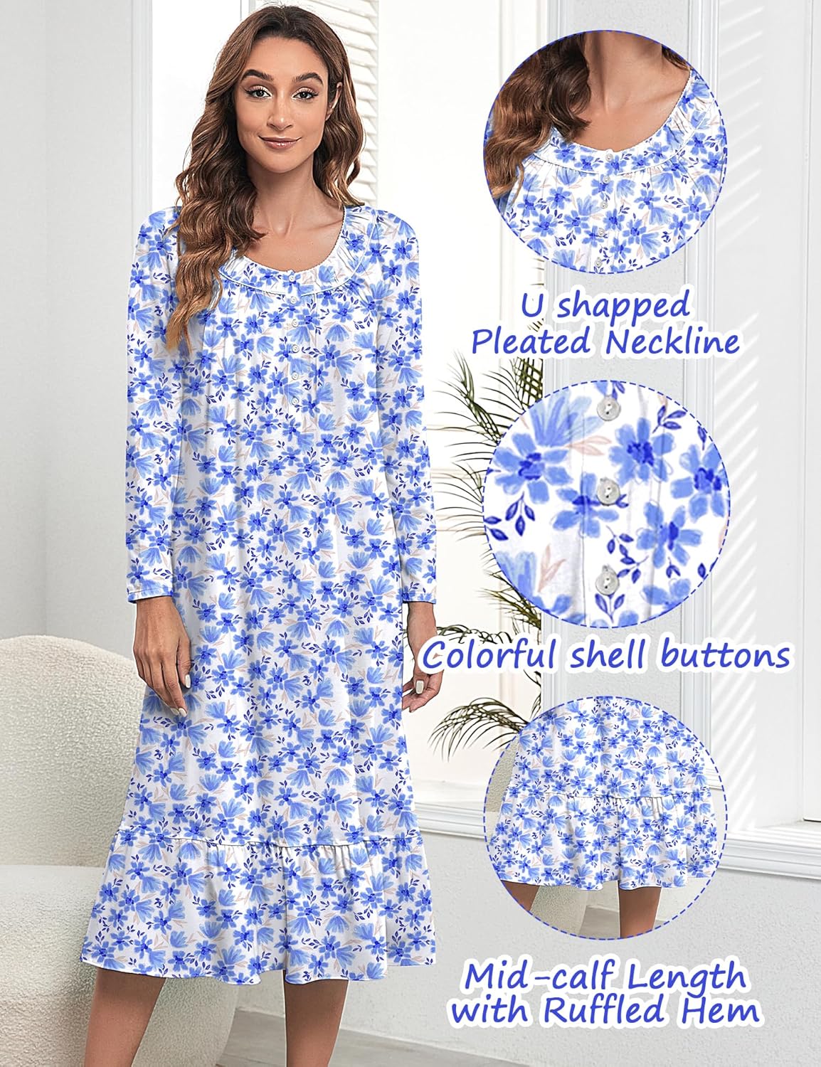 IZZY + TOBY Nightgowns for Women Long Sleeve Soft Cotton Sleepwear night gown - Image 2