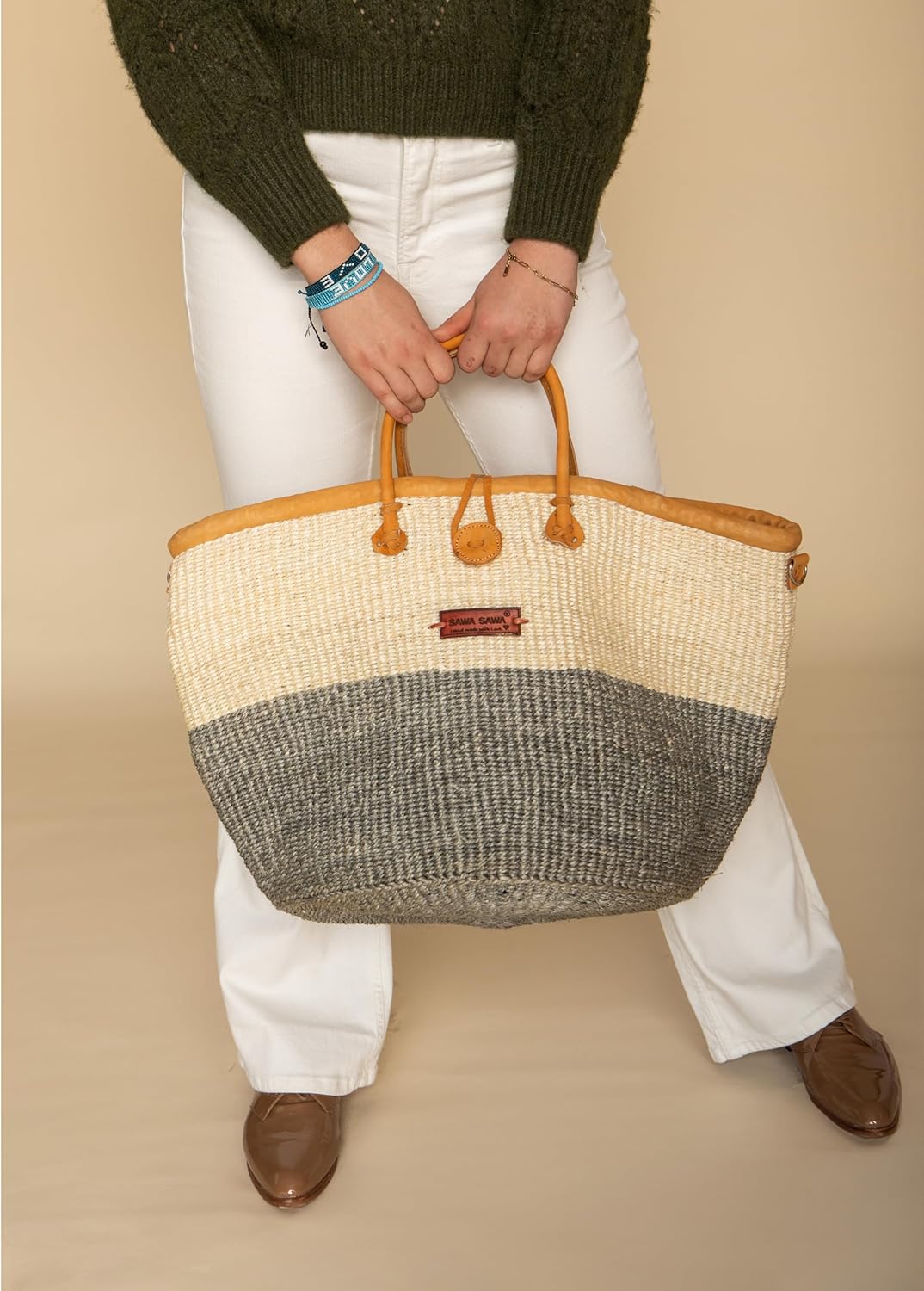 Ash and Ivory Wisdom Handmade Economical Sisal Straw Basket Tote Bag, Market Grocery Shopping Bags with Leather Strap Handles and Button Closure, Summer Beach Handbag, Large Shoulder Purse for Women - Image 4