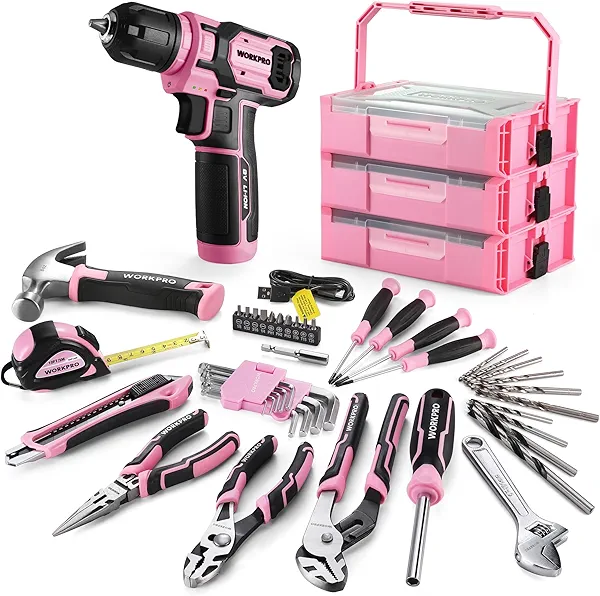 WORKPRO Pink Cordless Drill Driver with Toolbox, 43PCS Pink Tool Set with 8V Lithium-ion Power Drill and Bits, 2.0 Ah Portable Electric Screwdriver Home Tool Set with Stackable Box