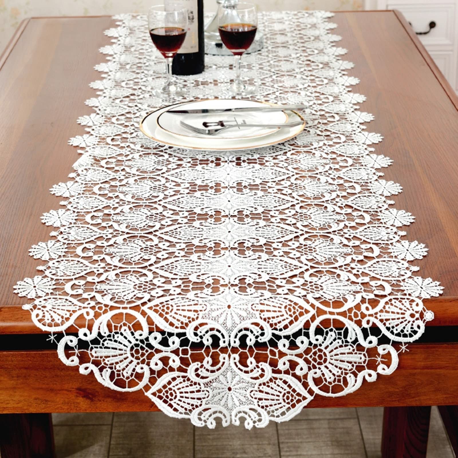 Runner da tavola per matrimonio, bianco, runner da tavola in pizzo, vintage, con ricamo cavo, in poliestere, 50 x 120 cm