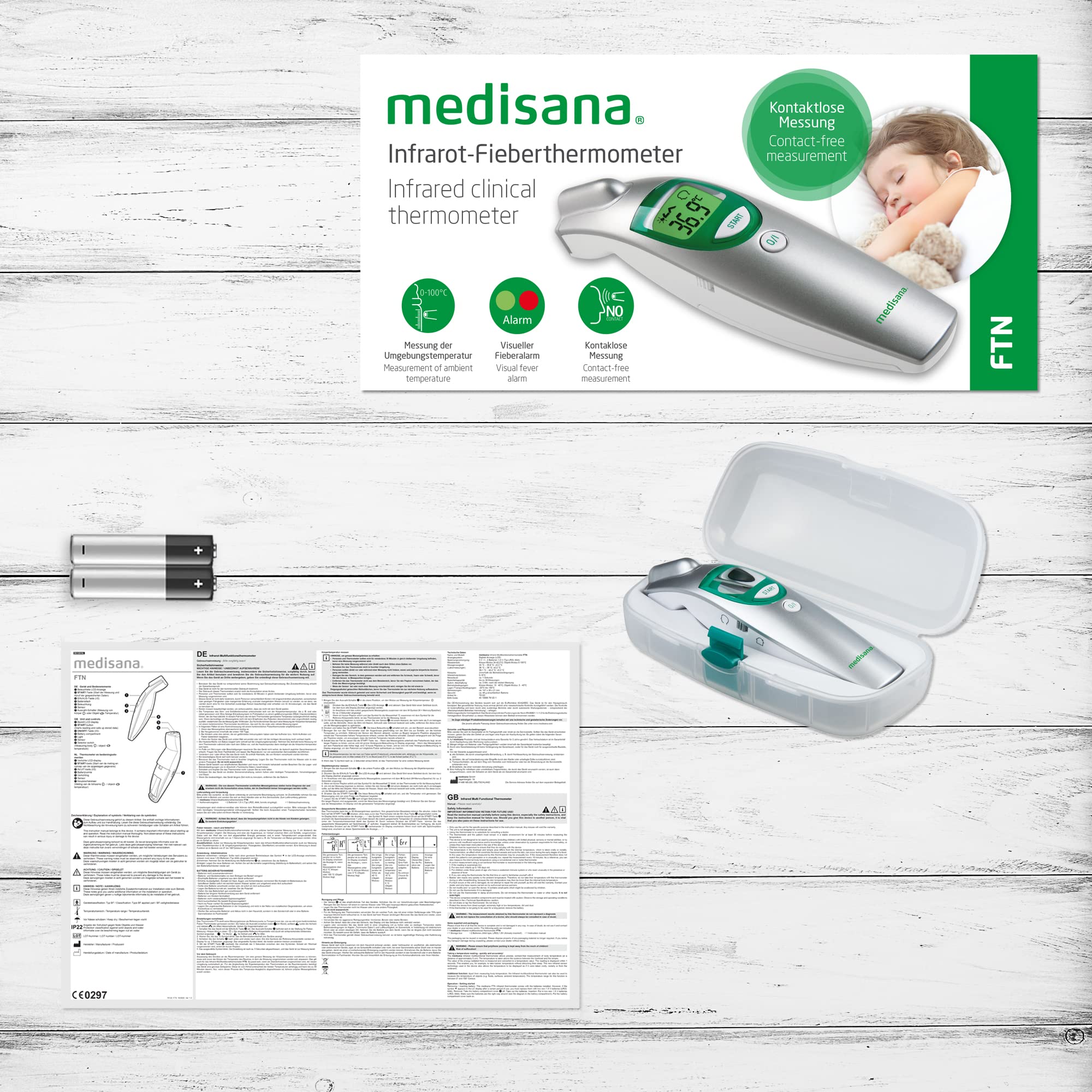 Medisana FTN cyfrowy termometr czołowy 6 w 1 dla niemowląt, dzieci i dorosłych, termometr kliniczny z wizualnym alarmem gorączki i funkcją pamięci
