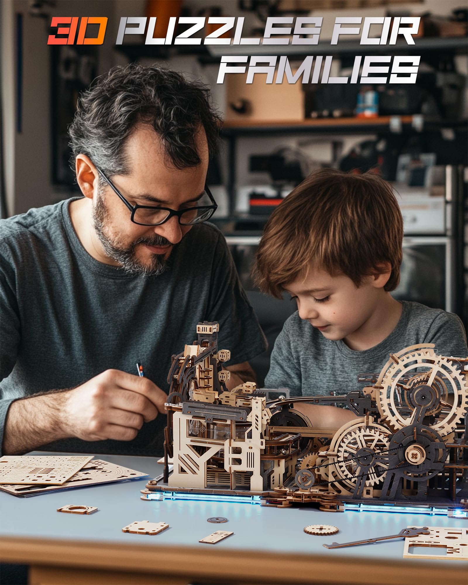 Rompecabezas 3D para adultos - Juego de construcción de carreras de mármol, kits de modelo de madera, puerto espacial de mármol+ciudad nocturna de mármol+paquete de enlaces 3