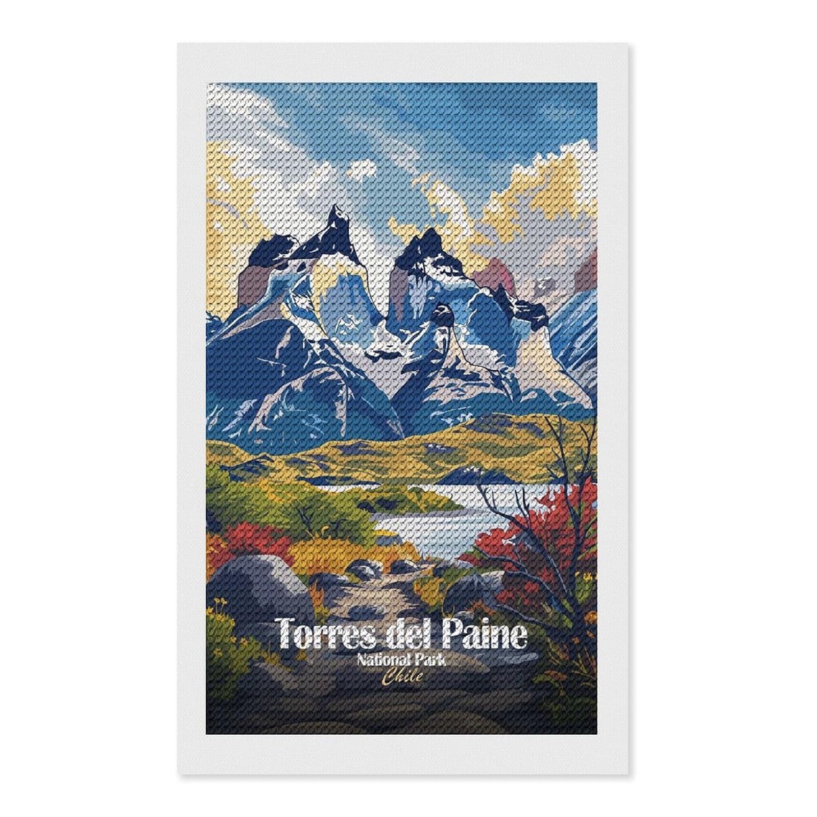 Junmoney Torres Del Paine National Park Chile Round Drill Diamond Painting 12"x20", for Adults, Creative Leisure Activity, Office Decor, Holiday Gift Idea