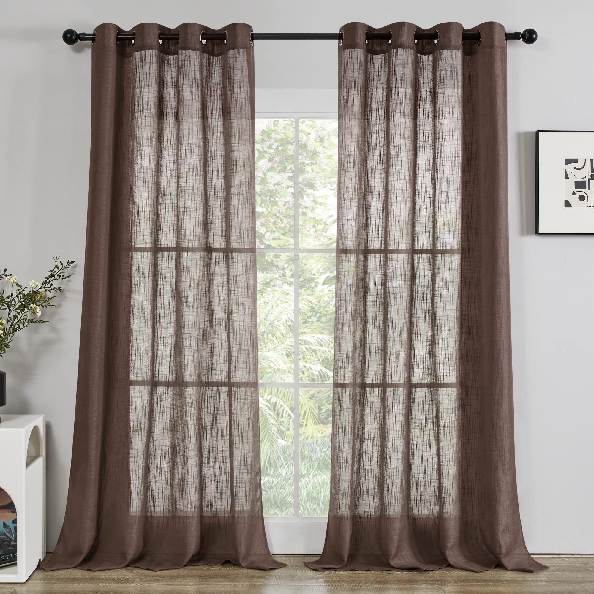 Deconovo Semi Sheer Curtains, Chocolate Brown, Curtains 84 Inches Long, Faux Linen Solid Voile Grommet Curtains for Bedroom Living Room, 2 Panels