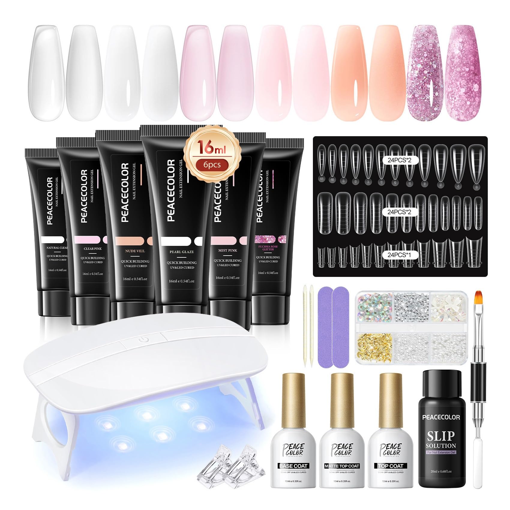PEACECOLOR Kit Gel de Extensión de Uñas de Gel Set con Portátil U V Lámpara 6 Colores Brillo Rosa Blanco Extensión Gel Kit Uñas de Gel con Capa Top y Base Kit Completo para Principiante Nail Art