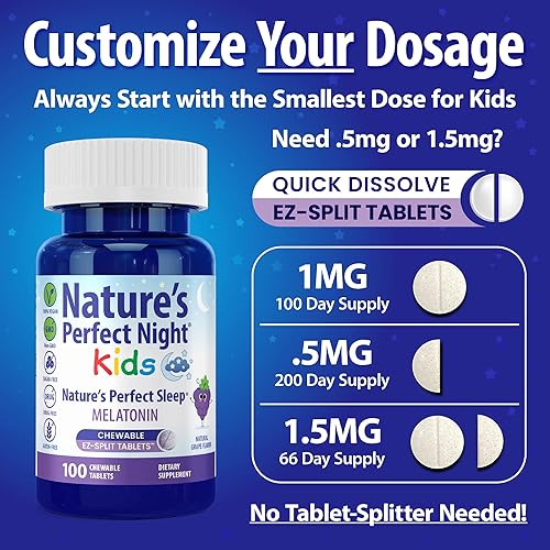 Miniatura 5 de Nature's Perfect Night Niños Melatonina para niños 1 mg 100 tabletas masticables Sabor natural de uva Sin azúcar Vegano Sin gluten Sin drogas