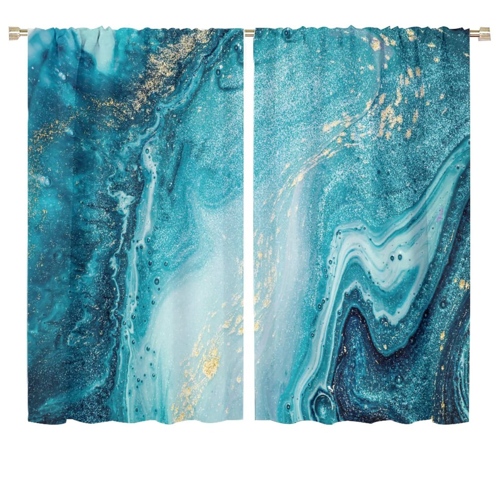 Marble Blackout Windows Curtains, Abstract Marine Art Natural Luxury Marble Swirls Very Beautiful Blue Paint Plus Gold Dust Curtains, for Living Room