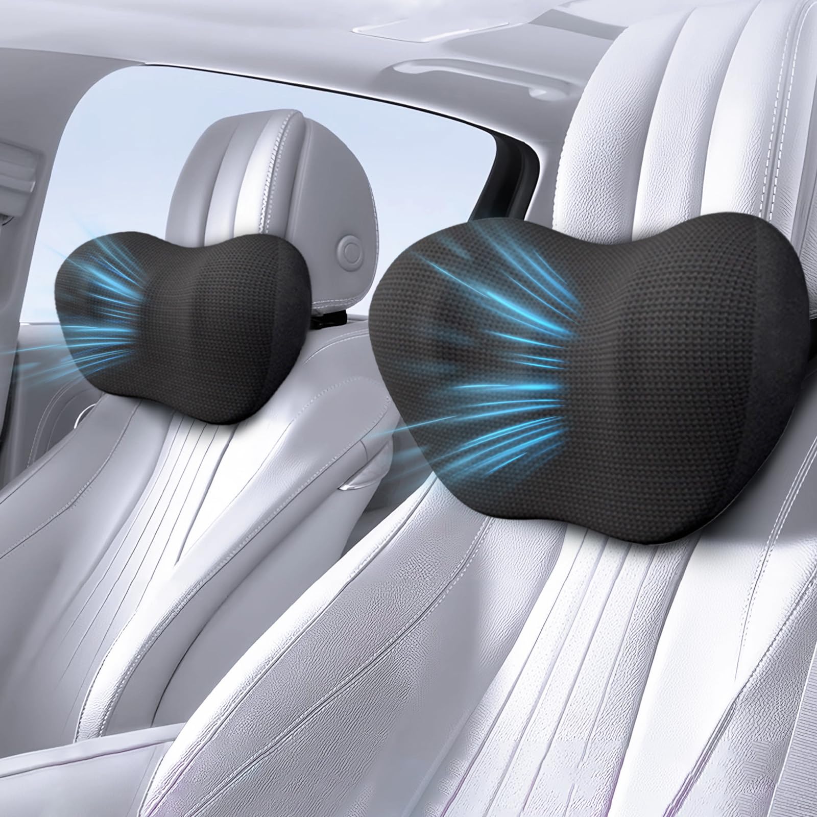 - 2 Pack Car Headrest Pillow, Comfy Head Rest Pillow for Car, 100% Memory Foam Car Neck Pillow for Driving - Universal Fit Travel Car Pillow for Pain Relief While Driving(Comes with 2 Eye Masks)