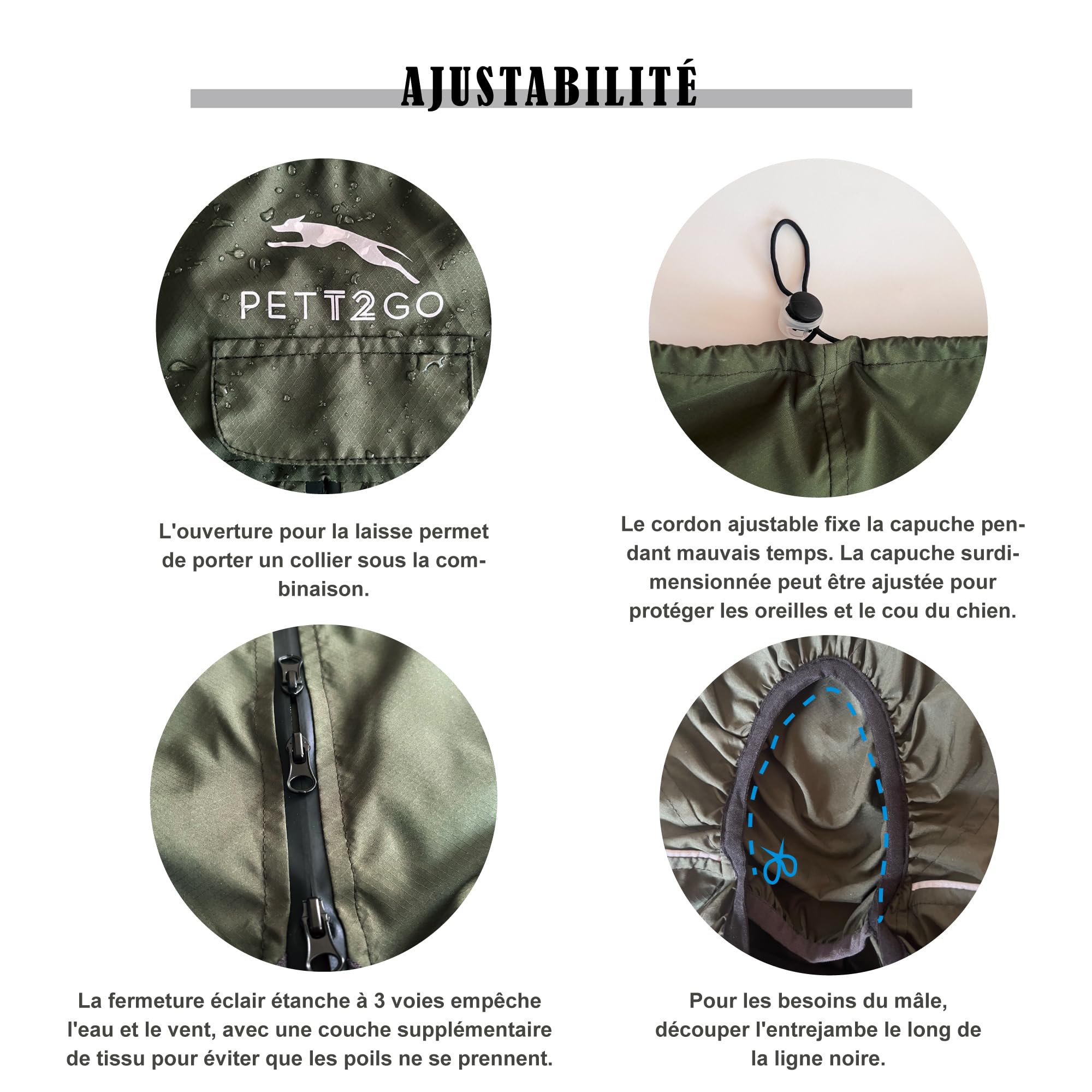 Coupe-Vent Léger pour Chien, Manteau avec Jambes, à Capuche, Trou pour Laisse, Réfléchissant, Compactable - Olive Foncé- XLarge(Mâle)