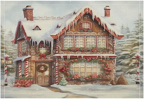 Miniatura 5 de Christmas House, Gingerbread Table Placemats Set of 4 Merry Christmas Gingerbread Cafe Heat-Resistant Tablemats Kitchen Table Mats Cotton Linen