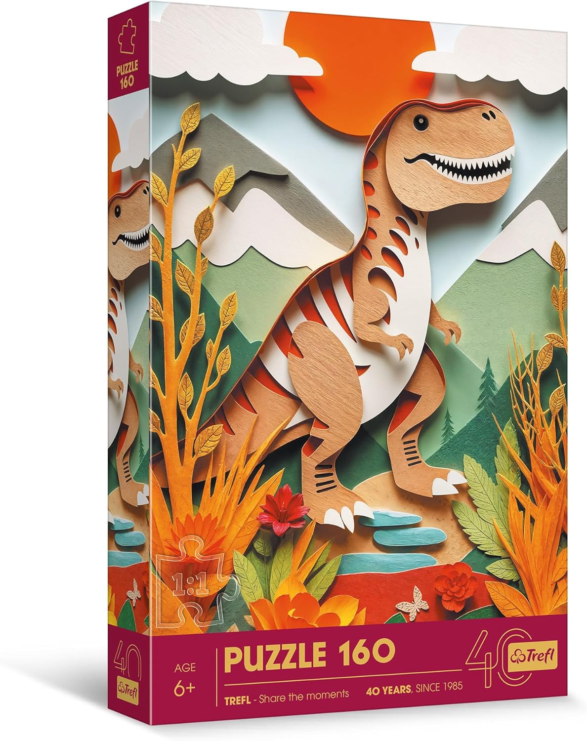 Trefl - 3D Effect Puzzle, Dinosaur - 160 Pieces - Trefl’s 40th Anniversary, Colourful Puzzles with Animals, for Children Aged 6 and Older