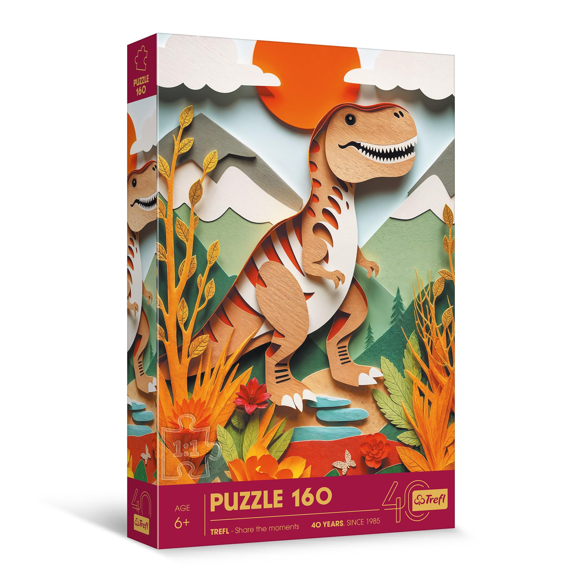 Trefl - 3D Effect Puzzle, Dinosaur - 160 Pieces - Trefl’s 40th Anniversary, Colourful Puzzles with Animals, for Children Aged 6 and Older