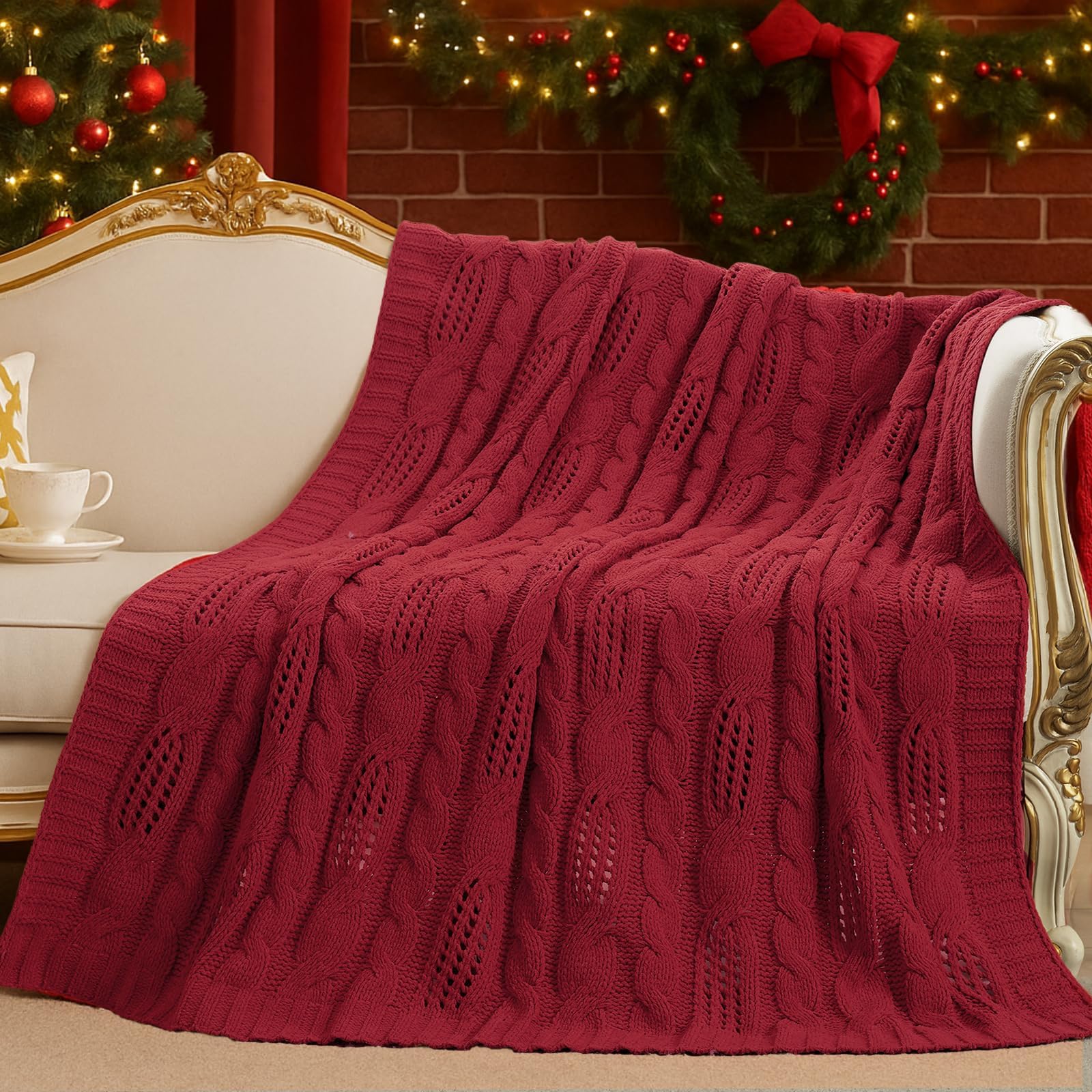 Amรฉlie Home Chunky Knit Throw Blanket, Reversible Soft Chenille Breathable Cable Knitted Blanket for Couch and Sofa, Farmhouse Decorative Throw for Chair, 50"x60", Christmas Red