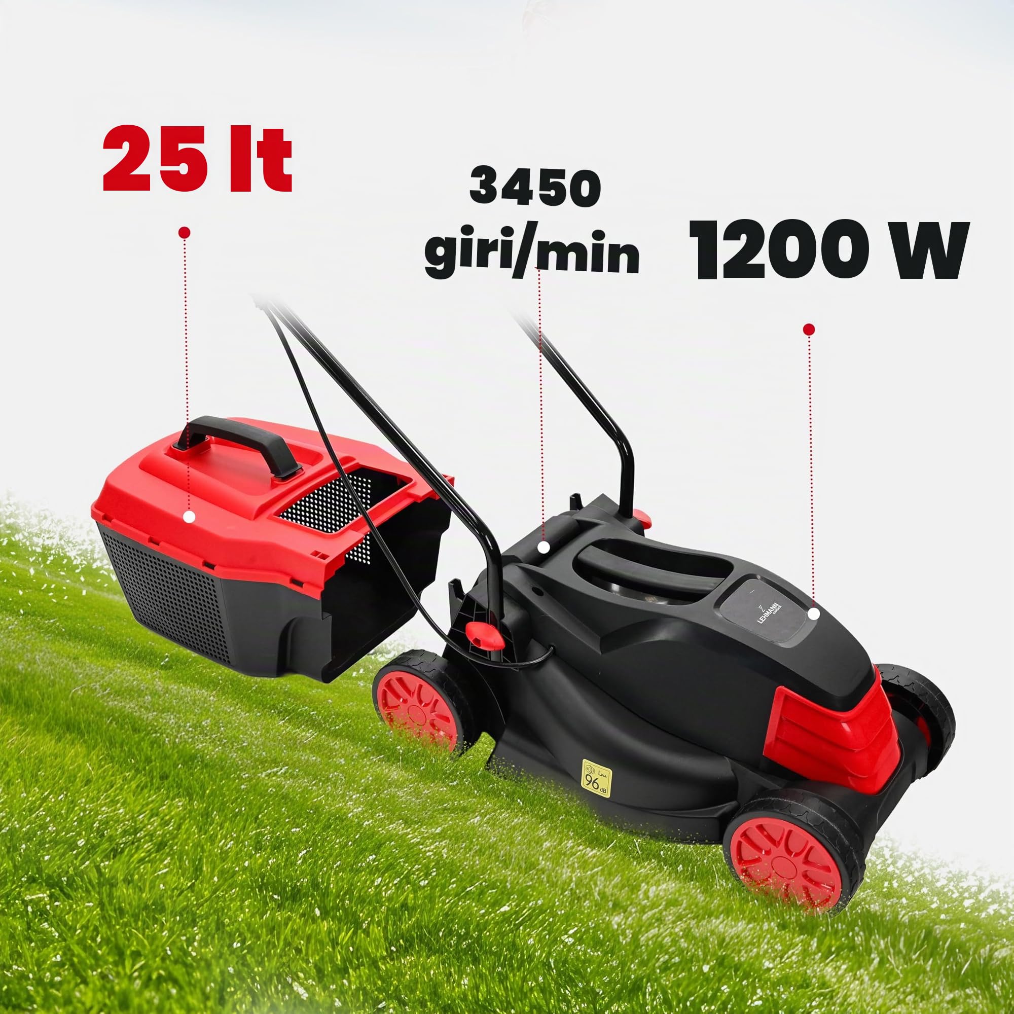 LEHMANN Tagliaerba Elettrico, 1200 W, Larghezza di Taglio 32 cm, Cesto Raccoglierba 25 L, Regolazione Altezza Taglio 3 Livelli 25–65 mm, per superfici fino a 500 m², 3450 giri/min