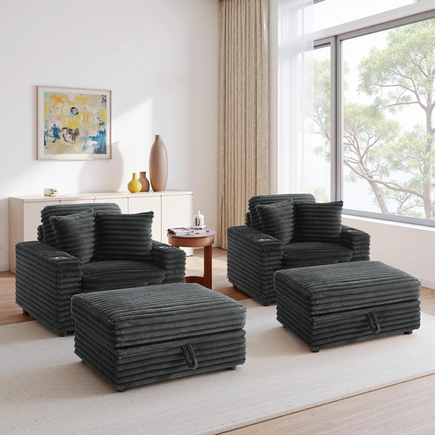 Oversized Chaise Lounge Chair Indoor with Cup Holder & Storage Ottoman, Solid Wood Frame Sofa Couch Chair for Living Room, Bedroom, Office, Dark Grey