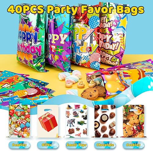 Miniatura 5 de 40 bolsas de regalo de cumpleaños para niños, pasteles y cintas, bolsas de recuerdo de fiesta para cumpleaños de niños, bolsas de plástico para