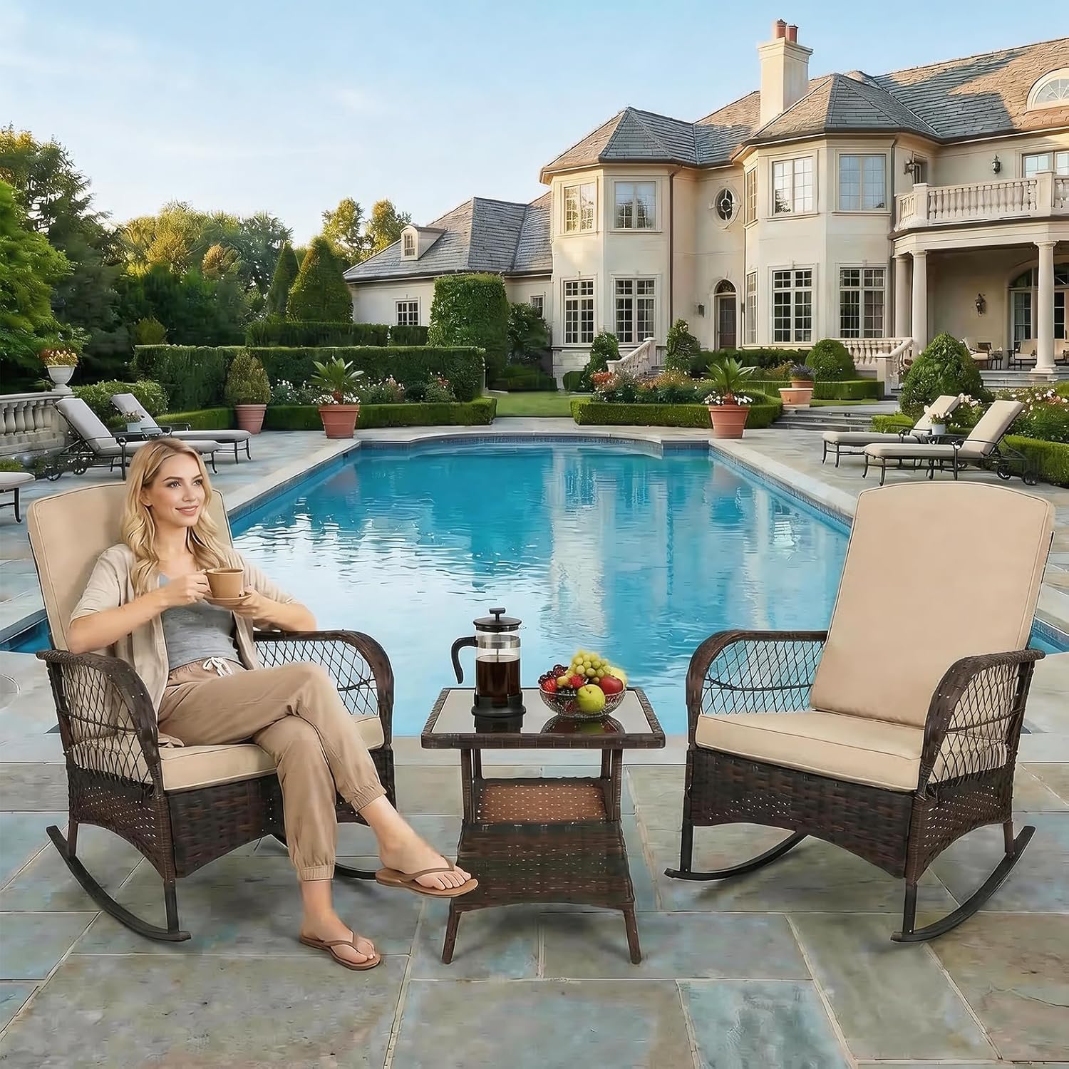 CHABATREE 3 pcs Rocking Bistro Set Conversation Chairs PE Wicker Outdoor Rocking Chairs(Rocking Set,Khaki)