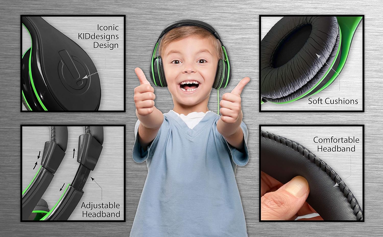 Child wearing eKids headphones with callouts pointing to soft cushions, comfortable headband, and adjustable headband features.