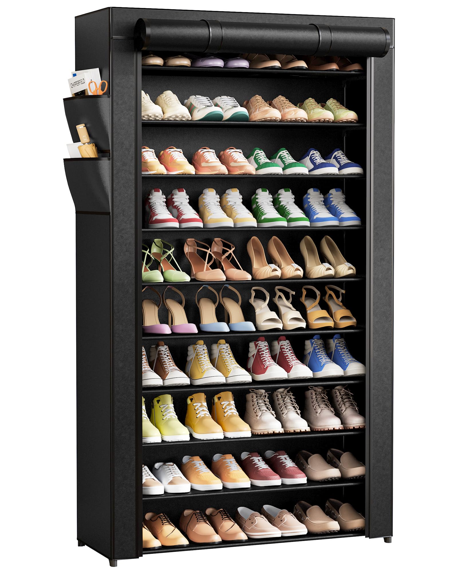 Kitsure Shoe Rack - 10-Tier Large Capacity Shoe Cabinet with Dust Cover & Side Pockets, Rust-Proof Metal Shoe Racks for Entryway, Living Room, 86.3 x 31.5 x 176.0 cm, Black