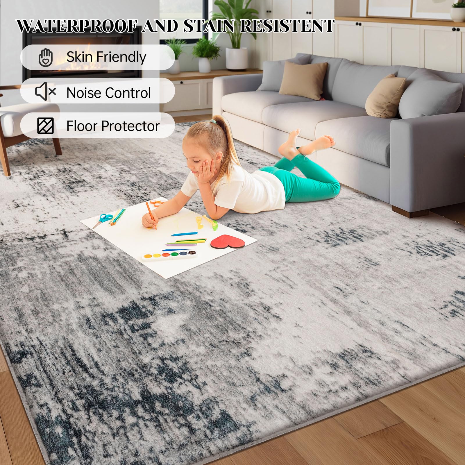 Calore Tappeto Salotto Moderno Pelo Corto Tappeto Camera da Letto Morbido Antiscivolo Grande Tappeto Soggiorno (Grigio-Multi, 160 x 200 cm)