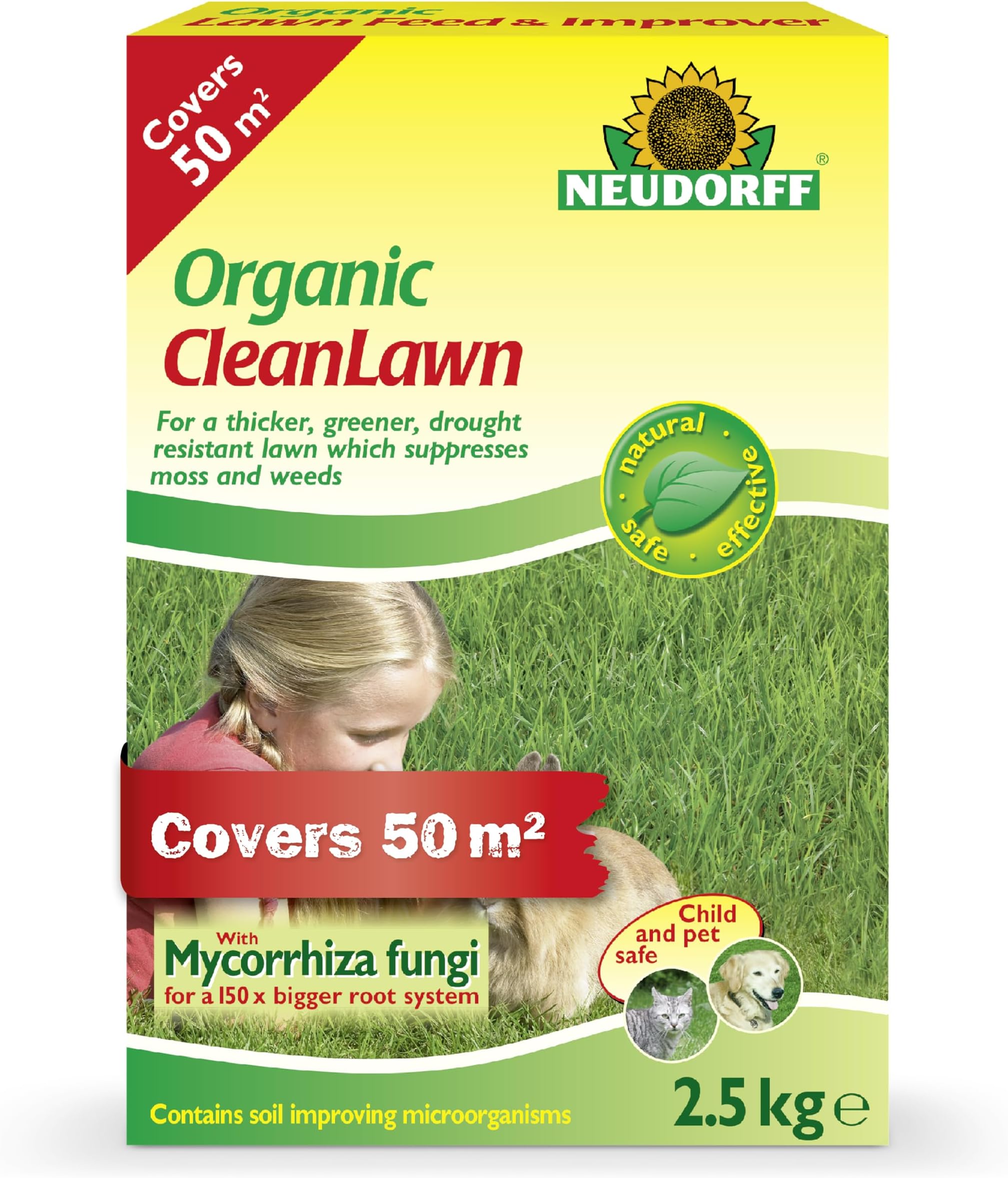 Neudorff Organic CleanLawn – Lawn fertiliser for a thicker, greener, drought resistant lawn which suppresses moss and weeds, 2.5 kg for 50 m²