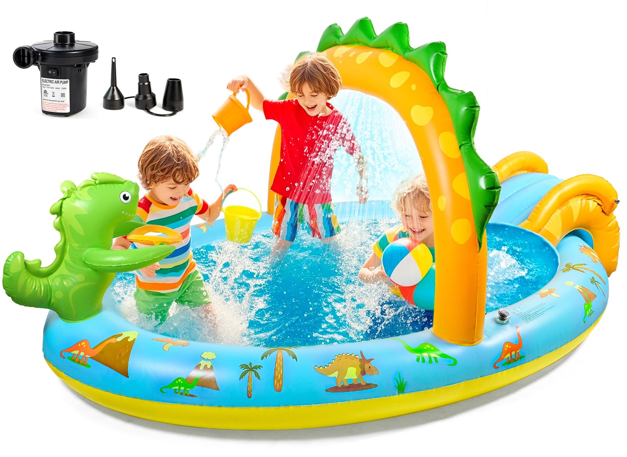 SULIFEEL Dinosaurs Inflatable Play Center Kiddie Pool with Slide and Sprinkler for Children, 96''x59''x39'' Baby Pool for Backyard and Garden, Free Inflatable Pump