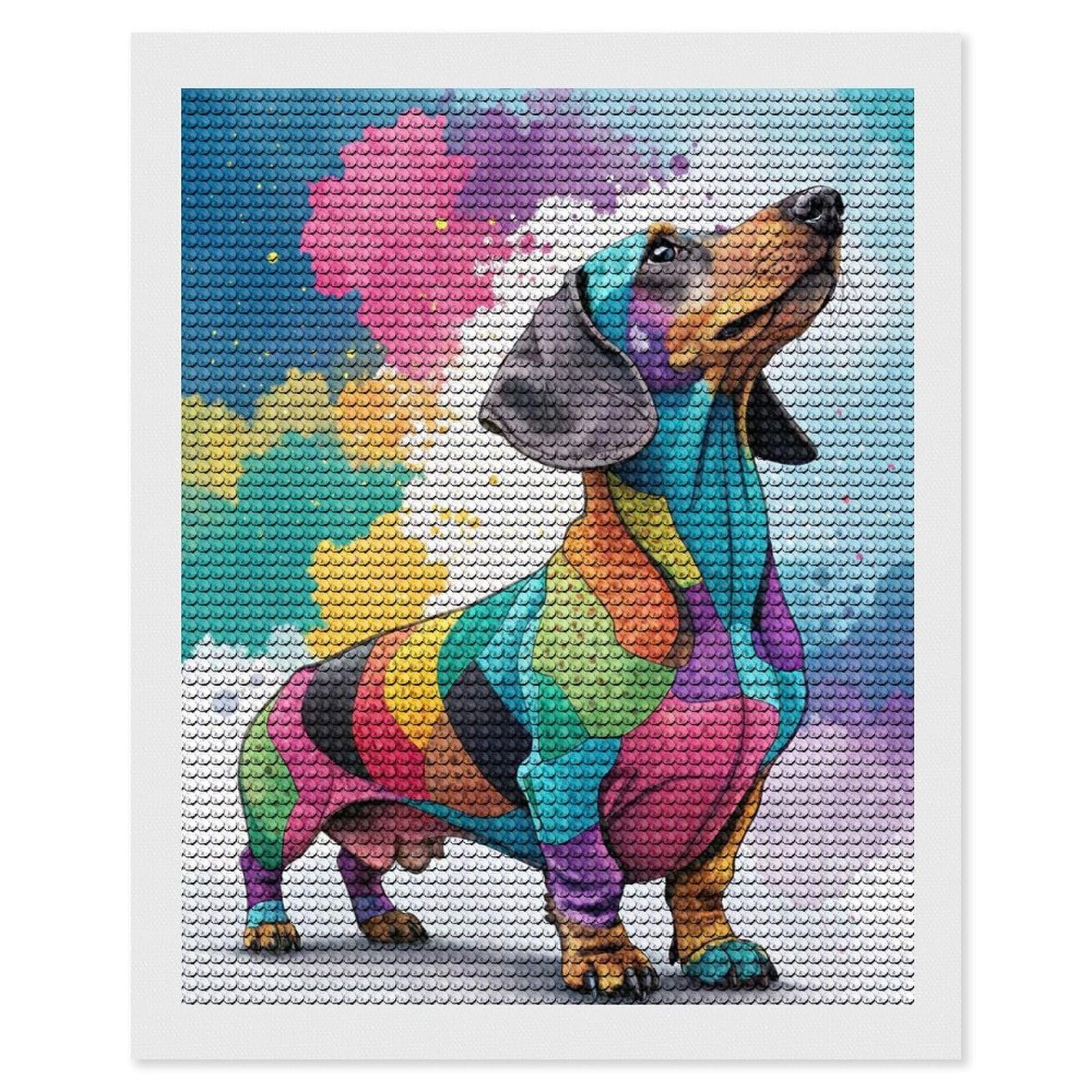 Junmoney Colorful Dachshund Watercolor Painting DIY Diamond Art Canvas Kit 16"x20", Adhesive Canvas, Easy to Enjoy, Farmhouse Decor, Festive Craft Gift