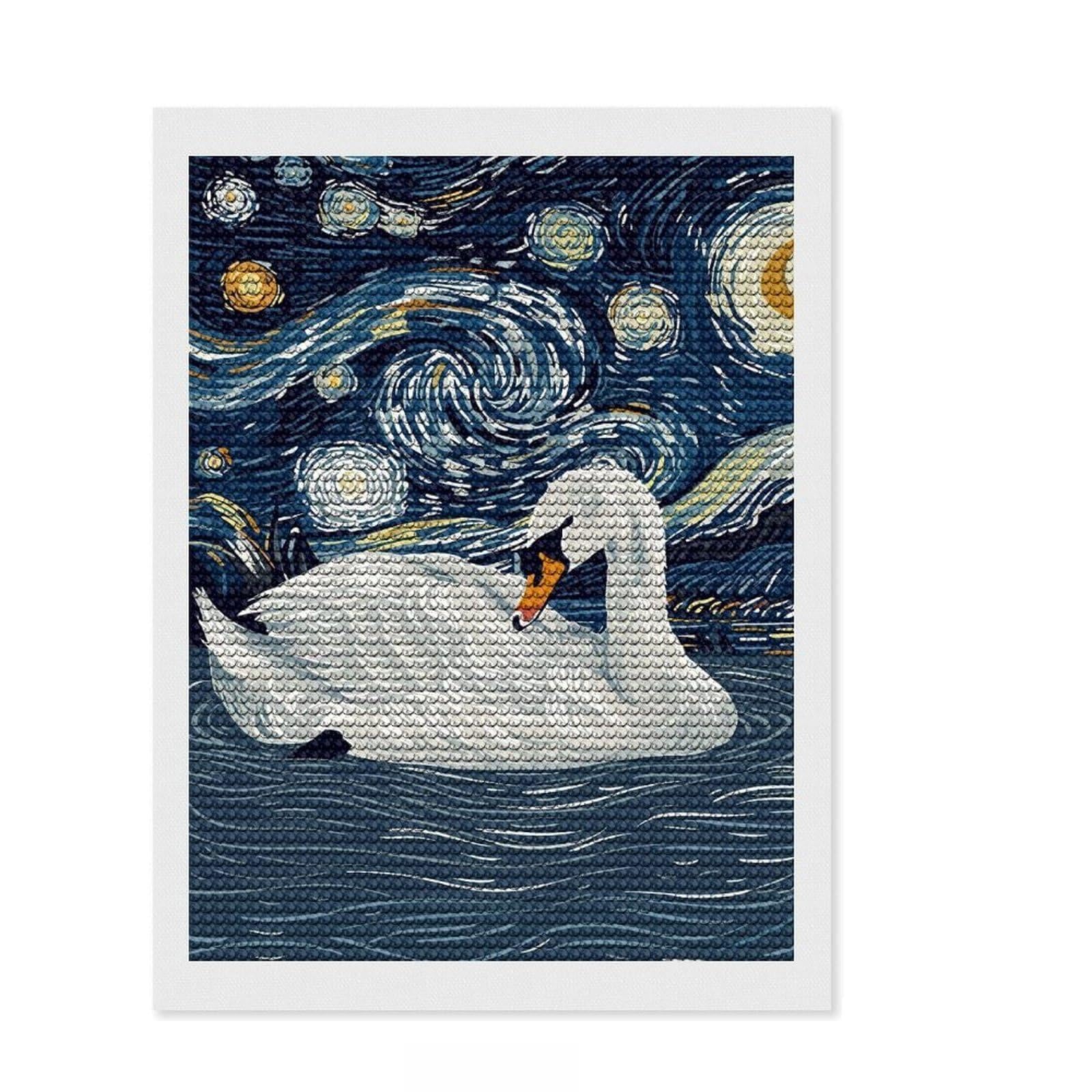 Junmoney Swan in Starry Night Style Round Drill Diamond Painting 12"x16", Gift Idea, for Craft Lovers, Easy Handmade Project, Farmhouse Decor