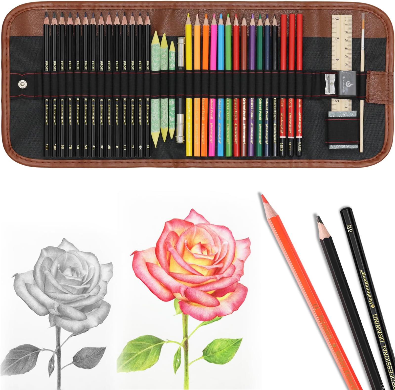 Sketching Pencil Set Drawing Pen Charcoal Sketch Kit Cover Graphite Pencils Charcoal Pencils Watercolor Pencils Paper Erasable Pen Beginners Artist Children and Adults(39pcs Art Supplies)
