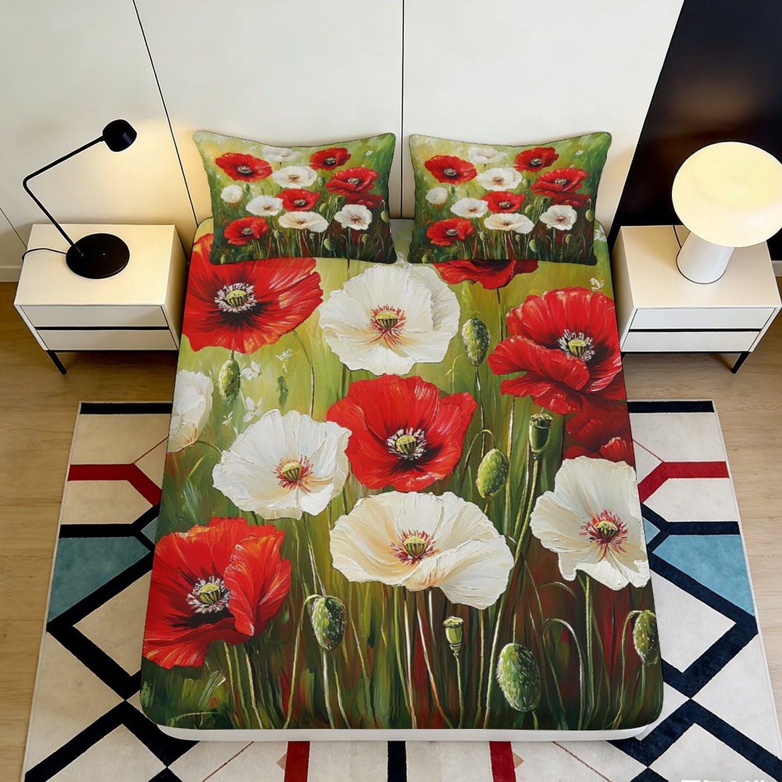 3D Printed Poppy Meadow Fitted Sheet Microfiber Soft Red White Floral Bed Cover for Bedroom Dorm Decor Mattress Protection 90x200x25cm
