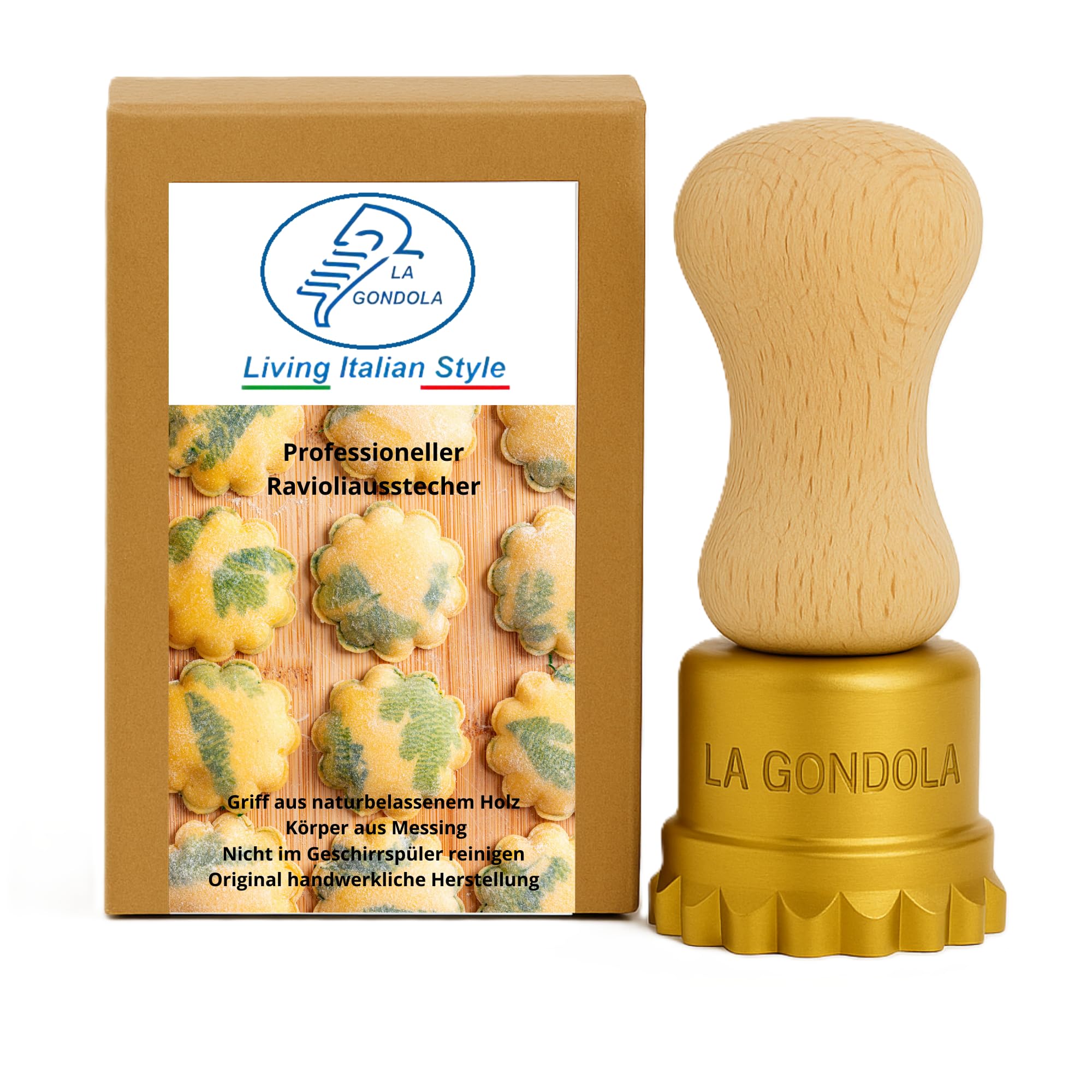 La Gondola Ravioli-Stempel - Rund Blume 50mm | Italienisches Pasta-Werkzeug für Zuhause und gewerbliche Küche | Messing & Naturholz Einfach zu verwenden | Tortellini Ravioli Ausstecher Made in Italy