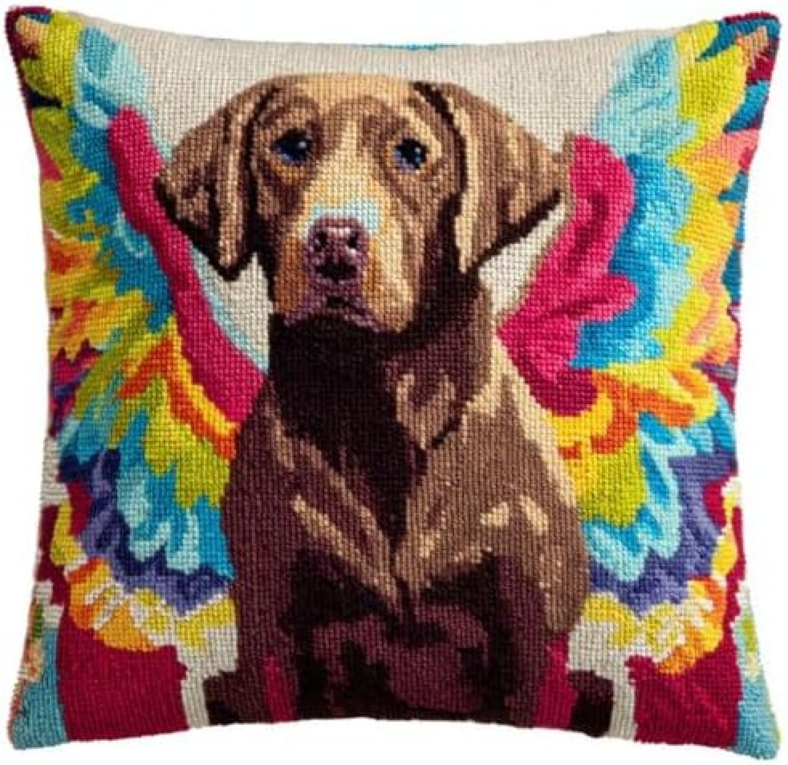 kitphoenix Latch Hook Cushion Cover Kit for Adults Beginners,Retriever Colorful Angel Wing,43x43 cm DIY Craft Kit with Pre-Printed Canvas,Pre-Cut Yarn and Hook