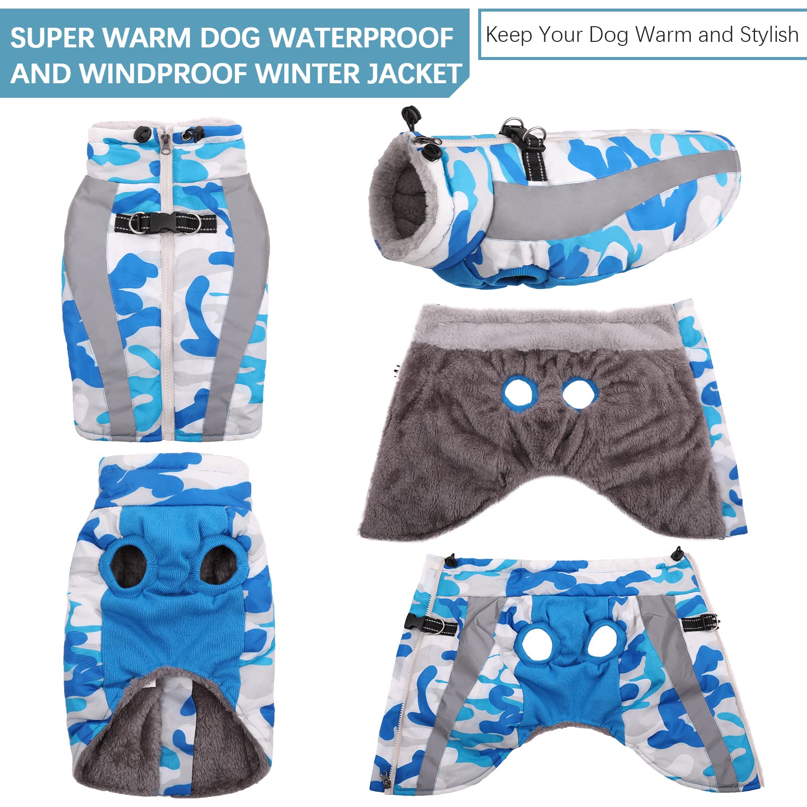 Hjyokuso Cappotto Cane, Cappottino Cane Per Piccoli, Medi e Grandi Cani, Vestiti Per Cani Impermeabile e Caldo, Cappottino Imbottito Per Cane Con Strisce Riflettenti e Cerniera - Blu XXL