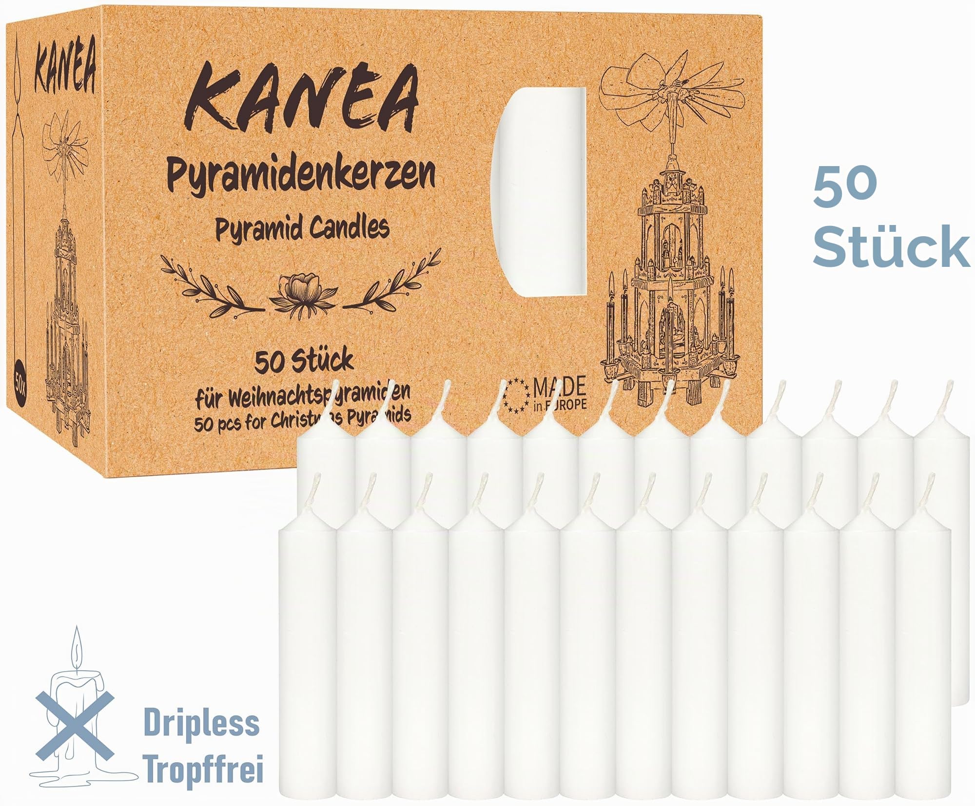 BRUBAKER Weiße Weihnachtspyramide inkl. 50er Pack Pyramidenkerzen Weiß - Holzpyramide mit 3 Etagen & Holz Figuren Handbemalt - 45 cm Pyramide Weihnachten - Drehbare Tischpyramide