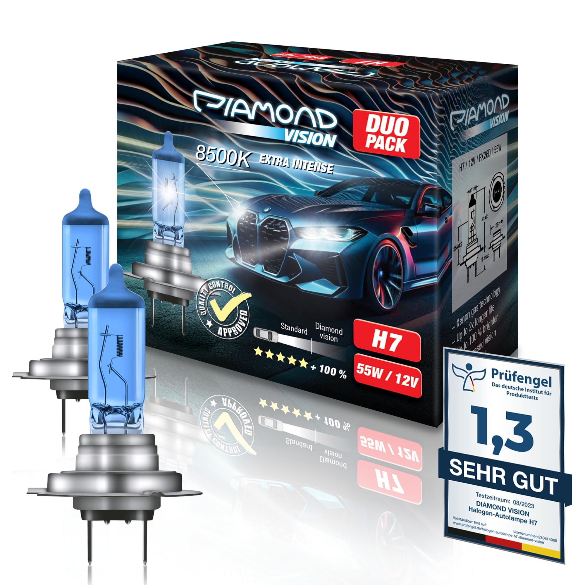 Diamond Vision H7 Lampe Auto | H7 12V 55W | Optimierte Version | 8500K Xenon Look Kaltweiß | Halogen KFZ Autolampen | zweimal so langlebig | Duobox | E-Prüfzeichen | PX26D | 2 Stück