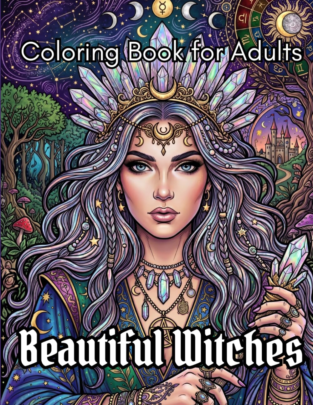 Witchy Vibes: Adult Coloring Book Featuring Beautiful Witches, Gothic Portraits, Dark Fantasy Magic, Crystals, and Potion Bottles for Stress Relief and Relaxation.