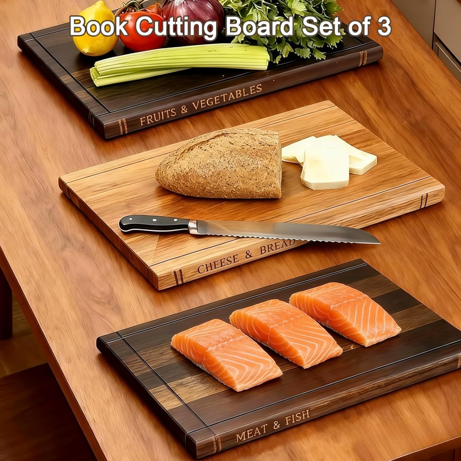 Book Cutting Board Set of 3 with Stand, Book Shaped Cutting Boards, Cutting Board Book Set for Meat Fruit Veggie, Decorative Cutting Board Books for Kitchen